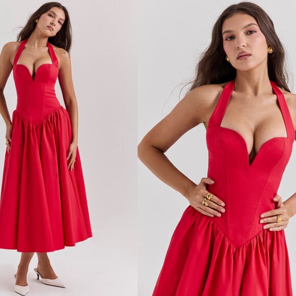 HOUSE OF CB 'Coquette' Scarlet Halter Midi Dress NWOT - Picture 2 of 7